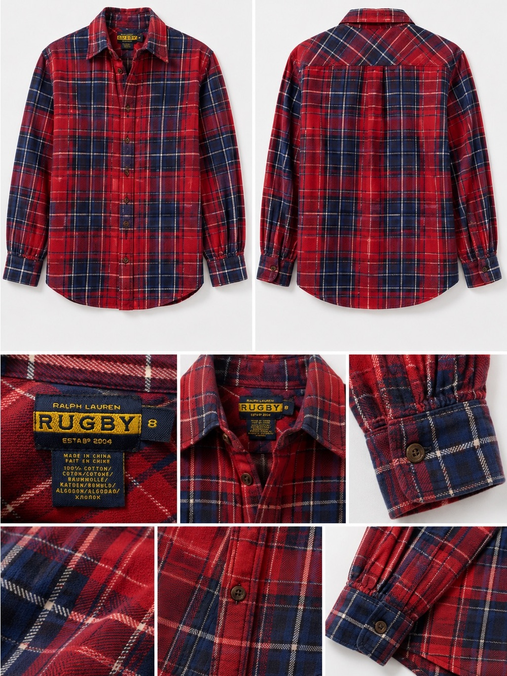Rugby Ralph Lauren Red and Navy Plaid Cotton Button-Up Shirt